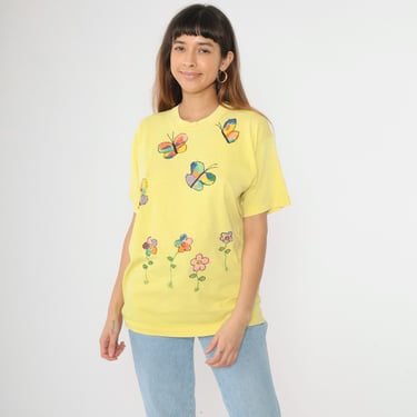 Vintage Floral Butterfly Shirt 90s Painted Thin Worn In Yellow Flower T-Shirt Graphic Tee Retro TShirt Single Stitch 1990s Large L 