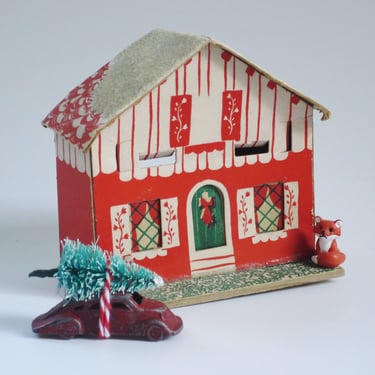 Rare Putz House made in the USA, Red Cardboard Holiday Glitter House with Paper Windows, Mid-Century Holiday Mantel Decoration 