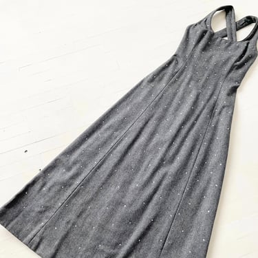 1970s Grey Wool Rhinestone Pinafore Gown 