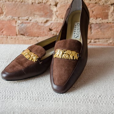 brown leather loafers | 90s vintage dark brown gold elephant academia style leather slip on flats size 7.5 