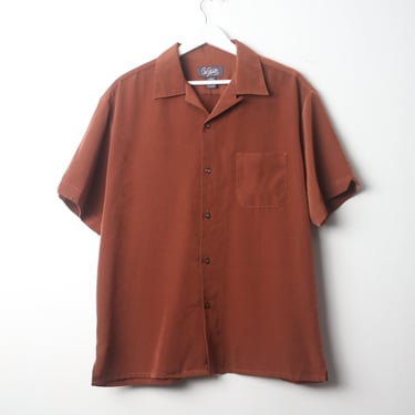 vintage SILKY burnt orange BOXY men's late 90s y2k men's button down short sleeve shirt -- size LARGE 