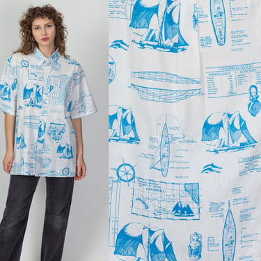 90s Hawaiian Map Print Aloha Shirt - Men's XL | Vintage Kahala White Blue Button Up Top 