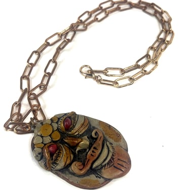 Vintage Face Mask Necklace, Tribal Necklace and Pendant, Clay Mask Necklace, Eclectic Face Mask Chain Necklace, OOAK Mask Pendant 