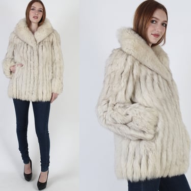 80s Arctic Fox Coat, Vintage 1980s Plush Fur Shawl Collar, Womens Casual Corded Stroller Jacket 