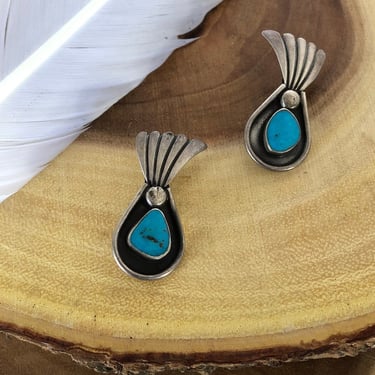 NAVAJO EARRINGS | 1970's Shadow Box Clip On Earrings | 70s Vintage Sterling Silver and Turquoise Jewelry | Native American Navajo Jewelry 