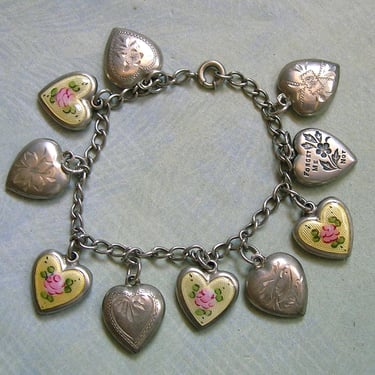 Vintage Sterling Puffy Heart Charm Bracelet, 1940's Sterling Enamel Puffy Heart Charm Bracelet, Old Sterling Heart Bracelet (#4653) 