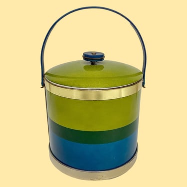 Vintage Ice Bucket Retro 1960s Mid Century Modern + Green and Blue Metal + Stripes + With Lid/Top Handle + Barware + Ice Storage + Bar Decor 