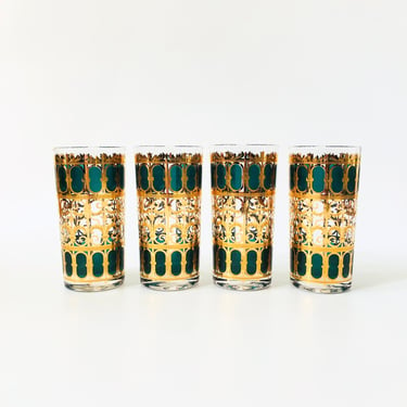 Mid Century Culver Emerald Scroll Highball Tumblers - Set of 4 
