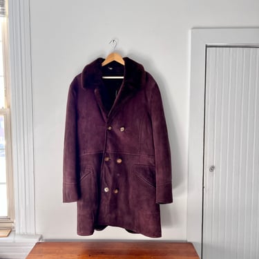 Vintage Sheepskin Shearling Dark Brown Double Breasted Coat XL Men’s 