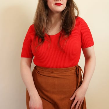 Vintage 1970's Red Ribbed Short Sleeve Sweater 