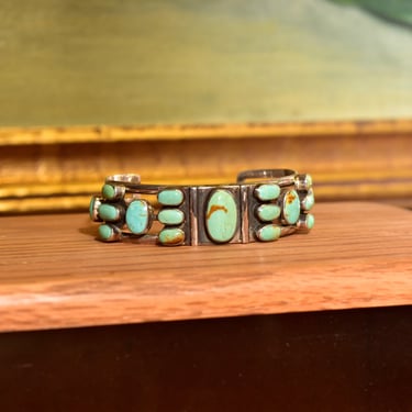 Vintage Native American Green Turquoise Cuff Bracelet, Large Multi-Stone Turquoise Cuff, 3-Prong Sterling Silver 925 Band, 6 1/4” L 