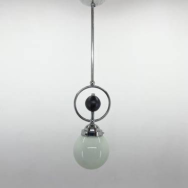 Art Deco Chrome Pendant Light with Wooden Decor / Art Deco Lighting / Vintage Pendant Light 