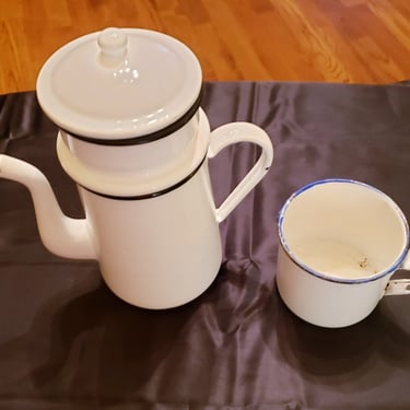 Antique White & Blue Enamelware coffee pot Percolator and Mug made in Japan WW2 Era Camping Cookware 