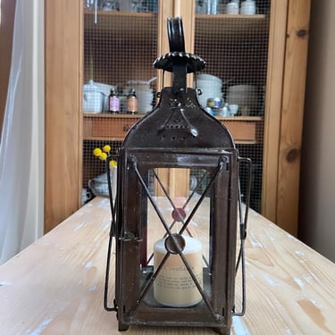 Beautiful antique French metal  lantern with completed glass  on all sides 