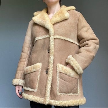 Vintage Genuine Shearling Brown Tan Leather Rustic Winter Warm Jacket Sz L 