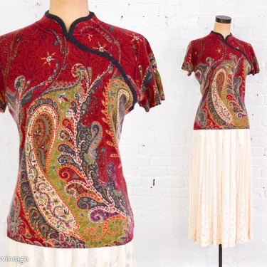 1980s Red Paisley Cashmere Sweater | 80s Paisley Red Pullover Sweater | Neiman Marcus | Medium 