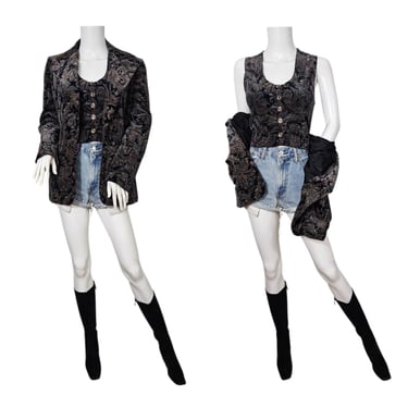 Peddlers II 1970s Black Grey Velvet Blazer Vest Set I Sz Med I Suit Coat I Marc Bolan 