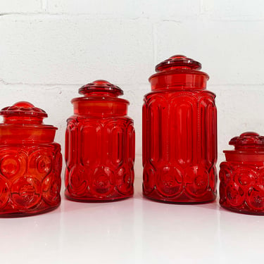 Vintage LE Smith Red Moon & Stars Glass Canisters Set of 4 Kitchen Canister Food Storage MCM Glassware 1960s Retro Cookie Jar 