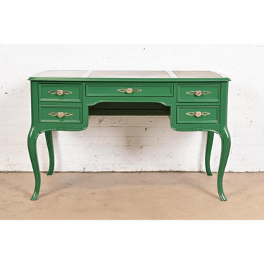 Sligh Furniture French Provincial Louis XV Green Lacquered Leather Top Writing Desk, Newly Refinished