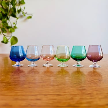 Colourful Miniature 1970s Cognac Glassware Set - Six Vintage 3cl Shot Glasses 