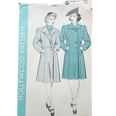 Vintage 30s Sewing Pattern: Fitted Coat Hollywood Pattern Co 1221 