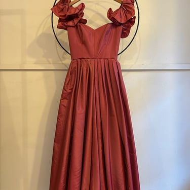 80s Victor Costa Ruffle Off The Shoulder Gown