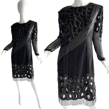 80s Vintage Sequin Beaded Fringe Silk Dress / Flapper Black Shift Party Cocktail Dress / 1980s Rambob India Silk disco Dress Large 