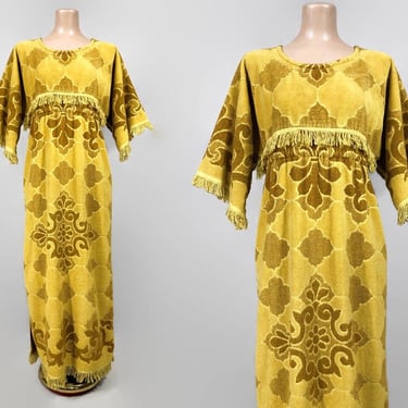 VINTAGE 60s MCM Terry Cloth Towel Maxi Dress Kaftan in Gold & Mustard with Fringe | 1960s Hostess Loungewear | VFG 