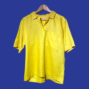 Linen Polo Shirt, Yellow Vintage 90s Liz Claiborne Blouse, Boxy Oversized Loose Fit Simple Minimal Preppy Summer Top Size 12 Large 