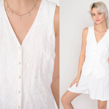 White Romper 90s Attached Vest Mini Playsuit Layered Embroidered Vine Button up Sleeveless Wide Leg Shorts Jumpsuit Vintage 1990s Medium 8 