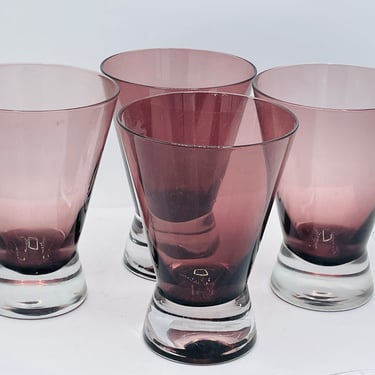 Set of FOUR Hand Blown Amethyst Purple Stemless Martini Glasses- Thick heavy Clear bottoms 