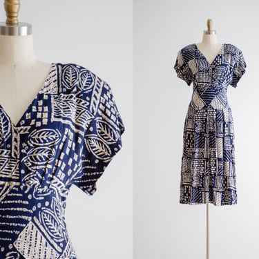 navy midi dress | 80s 90s vintage geometric abstract patterned fit and flare rayon dress 