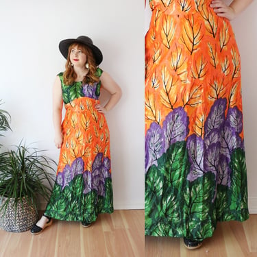 SIZE M/L 1970s Dela Ann Creations Leaf Print Maxi Dress / 70s Novelty Print Forest Long Dress / Vintage Orange Floor Length Dress 