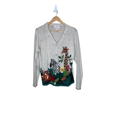 Vintage Ronnie Salloway Embroidered Beaded Jungle Scene Novelty Cardigan Sweater, Size Large 
