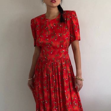 90s button back dress / vintage tomato red ditsy floral print short puff sleeve dress | Large 