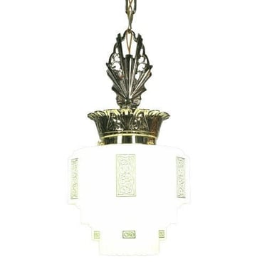 Art Deco Polished Brass Pendant Light with Skyscraper Shade #2215 