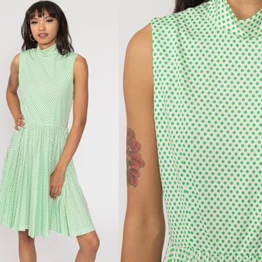 Green Polka Dot Dress 60s Pleated High Waisted Midi 70s Mod Dress Mock Neck 1970s Vintage Sleeveless Extra Small xs 