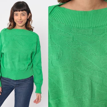 Boatneck Alphabet Sweater 80s Bright Green Pullover Sweater Boat Neck Sweater Textured Cotton Knit Vintage Slouchy Jumper 1980s Medium 40 