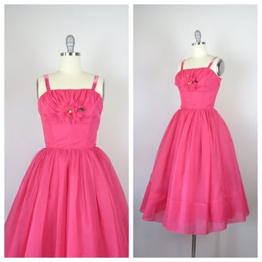 Vintage 1950s party dress fit and flare chiffon pink full skirt evening cocktail wedding guest prom formal 