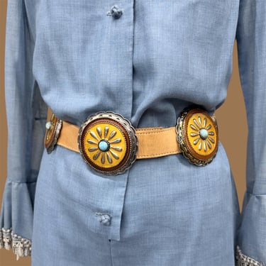 Vintage 90s Y2K western teal suede fringe belt w/ silver-toned conchos & beads Vintage Teal Leather Concho Belt: Southwestern Fringe, Pony  main image 4