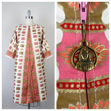 Vintage 1960s house coat dress dressing gown swimsuit cover cotton Egyptian revival duster border print mod Hollywood regency 