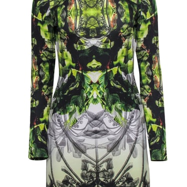 Nicole Miller - Black & Green Floral Print Long Sleeve Bodycon Dress Sz 6