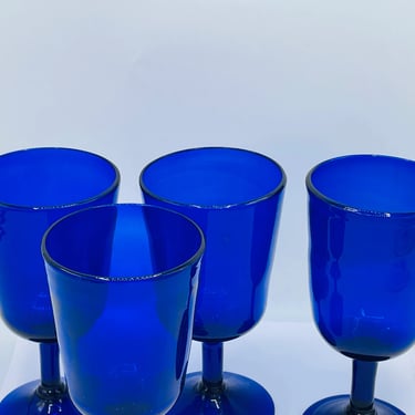 Vintage Set of  (4) Cobalt Blue Wine Margarita Goblets Water Glasses-Blown glass-Chip Free Recycled Glass Mexico 
