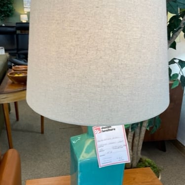 Turquoise Ceramic Lamp with Cream Linen Shade (2)<br />H 28″