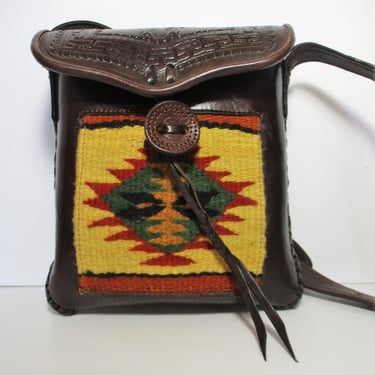 Handmade Bag, Brown Tooled Leather, Tapestry Inset, Crossbody Bag, Boho Purse, Mexican Bag 