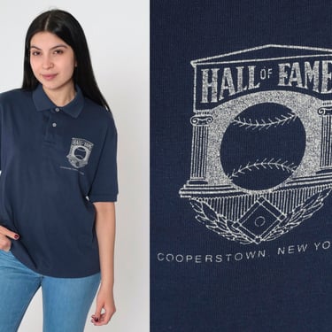 Vintage Baseball Hall of Fame Shirt 80s Navy Blue National Museum Button Up Shirt Cooperstown NY Retro Shirt 1980s Short Sleeve Medium 