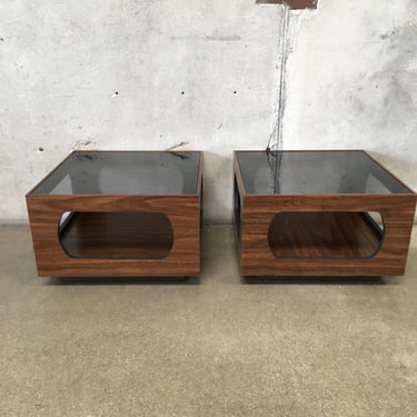 Pair of 1960's End Tables in Walnut and Glass