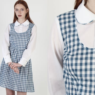 Blue White Gingham Picnic Mini Dress / Vintage 70s Checkered Plaid Dress / Tiny Roll Scallop Roll Collar Mini Dress 