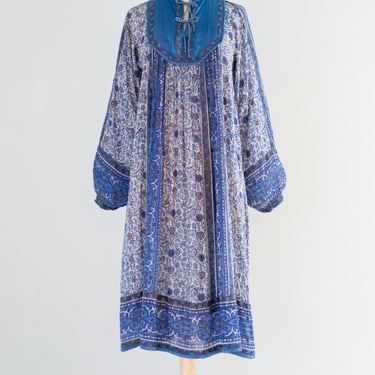 Vintage 1970's Blue & Bronze Tissue Cotton Indian Block Print Dress / L