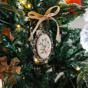 midcentury Italian framed &quot;petit point&quot; floral ornament with velvet ribbon